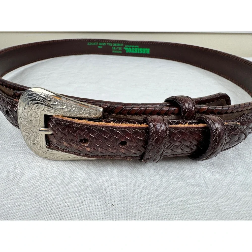 Resistol Mens Vintage 1994 Brown Leather Basketweave Western Belt 36 Engraved